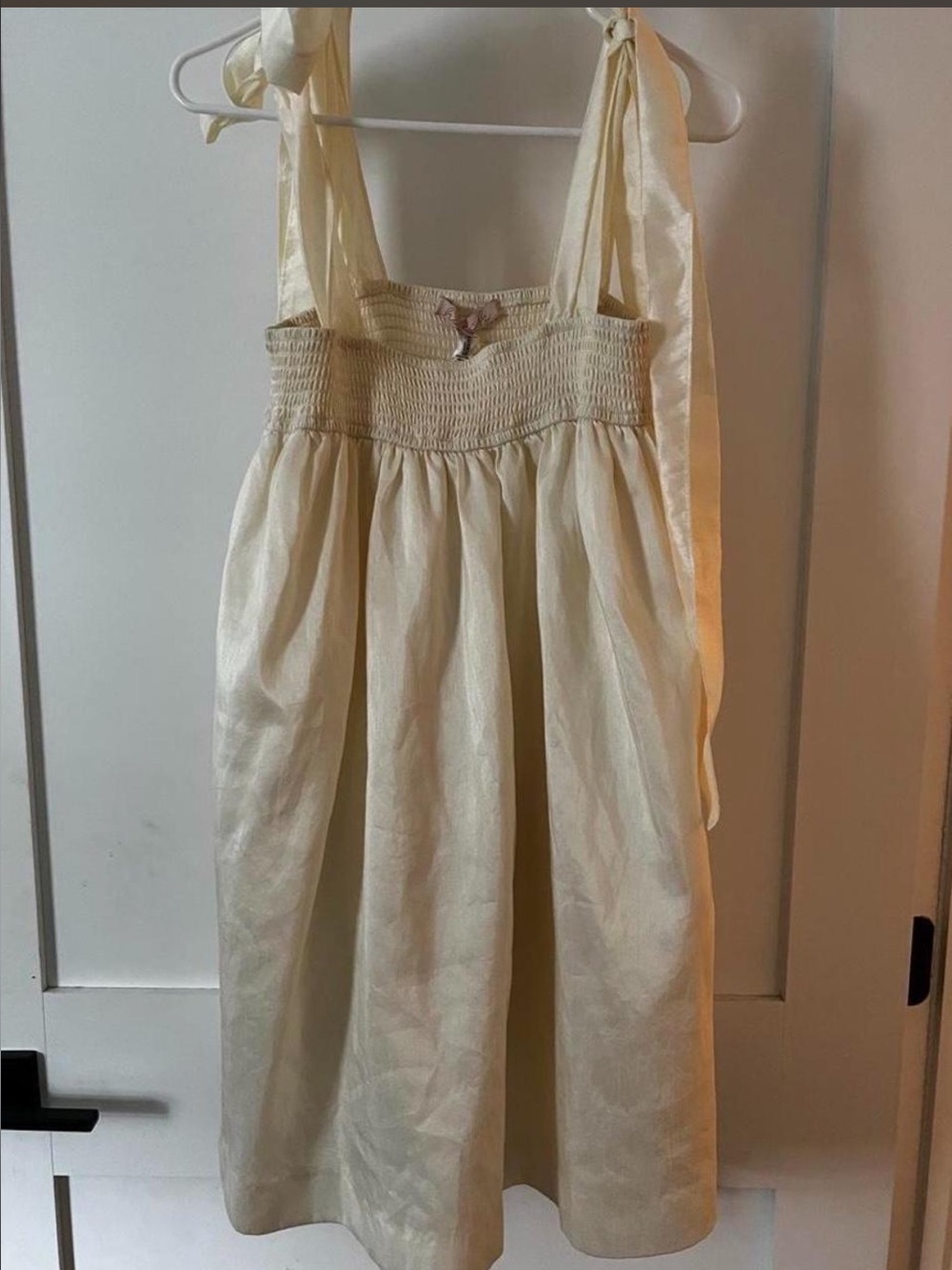 Cream Satin Smocked Tie Strap Mini Dress Size S